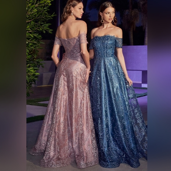 New long emerald, platinum, rose gold off the shoulder glitter tulle lace up - Picture 7 of 9